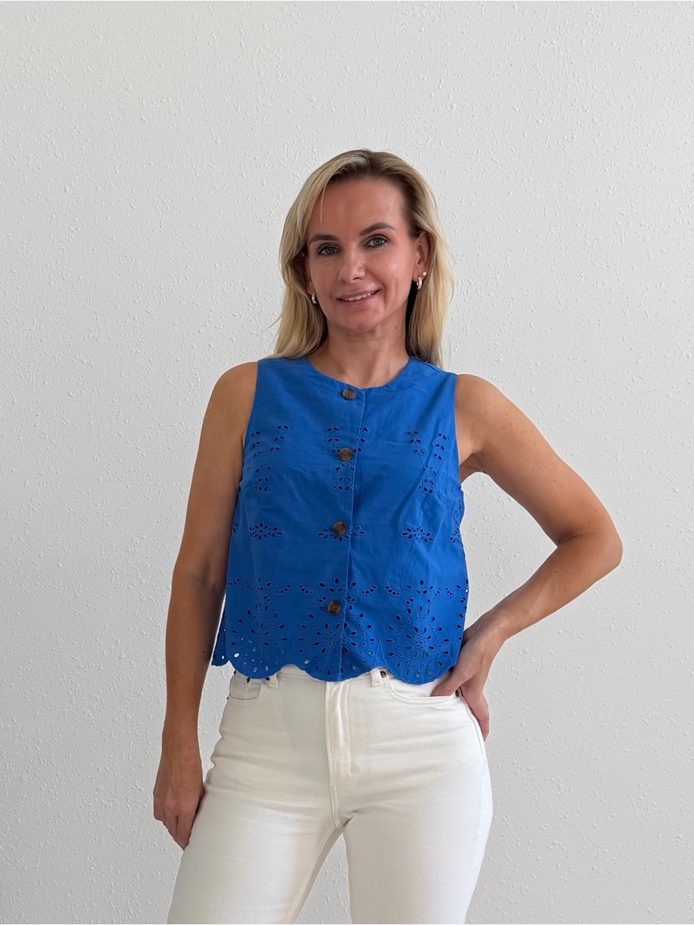 J.Crew Blue Eyelet Cotton Button Front Top XS NWT